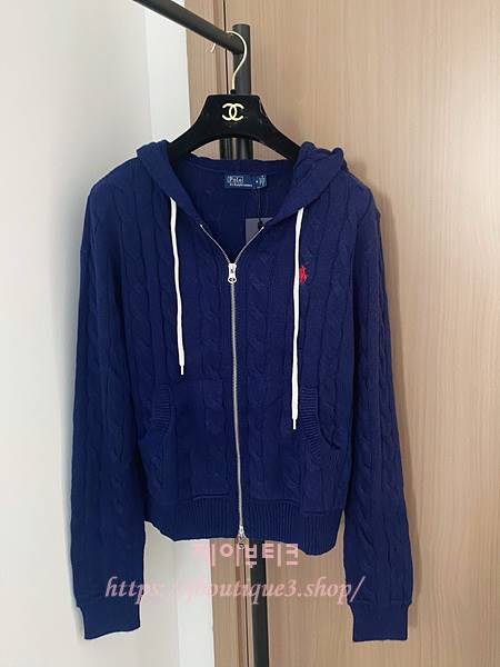 폴로 케이블 니트 후드 집업